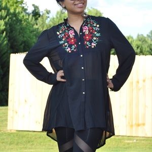 Embroidered button up long blouse